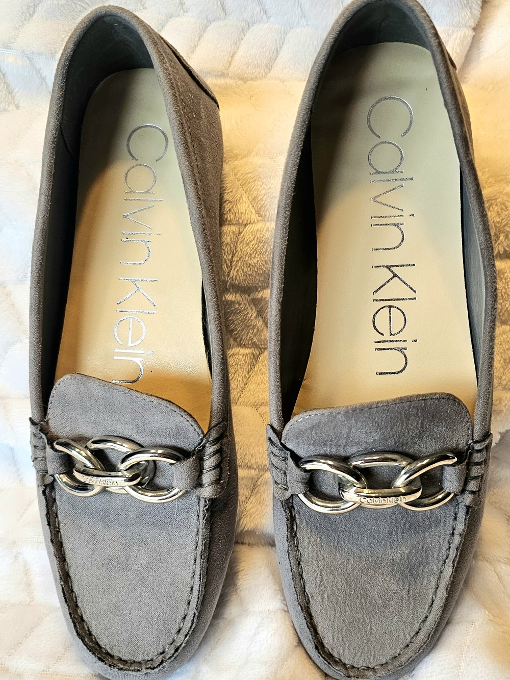Calvin Klein Women's Gray Suede Loafers with Silver Chain